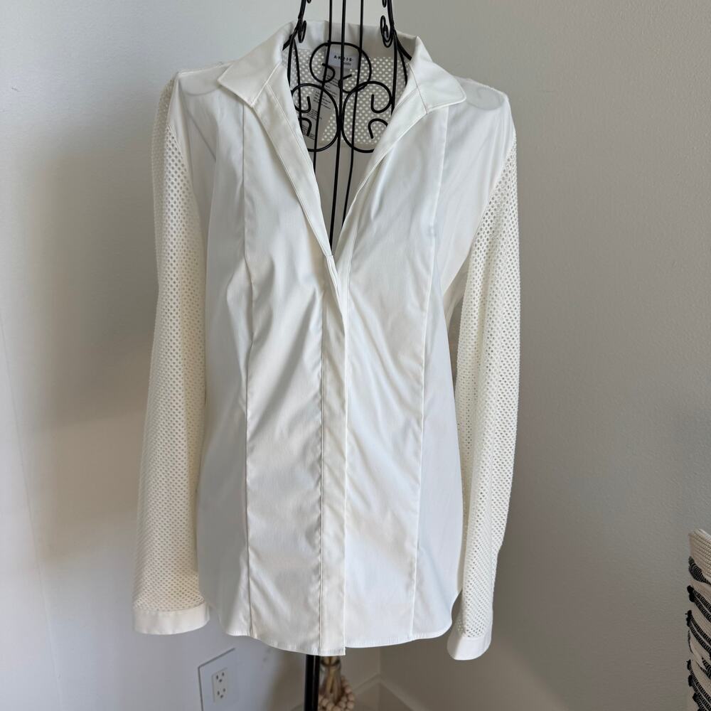 Akris Punto White V-Neck Mesh Sleeve Button-Up Poplin Cotton Blouse Work Size 10